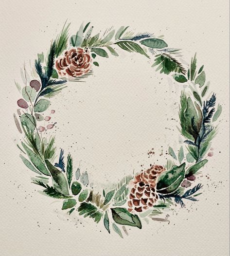 Simple Christmas pine wreath watercolor Winter Wreath Painting, Christmas Wreaths Watercolor, Watercolour Christmas Wreath, Winter Watercolor Simple, Christmas Wreath Watercolor, Watercolour Wreath, Christmas Pine Wreath, Paint Inspo, Paintings Ideas