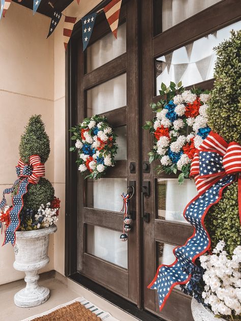 4th of July decor - the front porch Front Door 4th Of July Decor, 4th Of July Front Porch, Fourth Of July Porch Decor, 4th Of July House Exterior, 4th Of July Exterior Decor, Red White And Blue Door Decorations, Fourth Of July Front Porch, 4th Of July Front Porch Decor, Patriotic Bunting Porch