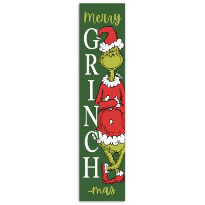 Add a Grinchy touch to your home this holiday season with this festive, officially licensed Dr. Seuss' The Grinch outdoor Porch Leaner. Designed and printed in the United States on quality materials, this is an item you’re sure to love. The Holiday Aisle® | The Holiday Aisle® The Grinch Merry Grinchmas Porch Leaner brownWood in Green | 47.00" H X 10.50" W X 0.50" D | Wayfair Grinch Garage Door Decorations, Grinch Sign Post, Grinch Welcome Sign, Grinch Christmas Porch Signs, Grinch Porch Leaner, Santa Porch Leaner, Christmas Long Door Signs, Holiday Porch Signs, Grinch Wooden Signs