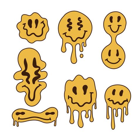 Set of distorted emoji faces isolated on white background. Retro trippy characters, dripping emoticons. Vector hand drawn illustration. Trippy Characters, Trippy Cartoon, Smile Drawing, Emoji Set, Emoji Drawings, Background Retro, Drip Art, Retro Painting, Trippy Designs