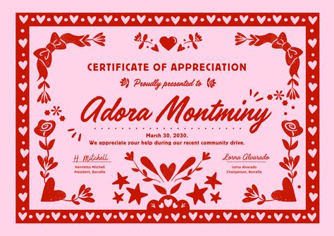 Pink Red Bold Cute Coquette Hearts Certificate by Take Care Creative. Follow on Canva or get emails about new canva templates at takecarecreative.co / valentine, red, bow, heart, appreciation, romance, love, flower, stamp, star, illustration / Creative Certificate Design, Cute Certificate, Certificate Appreciation, Cute Coquette, Star Illustration, Certificate Of Appreciation, Certificate Design, Brain Power, Flower Stamp