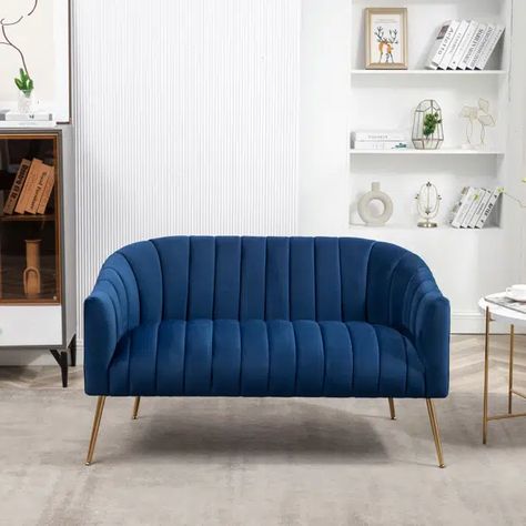 SafaviehCouture Skye Upholstered Swivel Barrel Chair & Reviews | Wayfair Blue Loveseat, 3 Piece Living Room Set, Velvet Living Room, Tufted Design, Velvet Loveseat, Fabric Navy, Swivel Barrel Chair, Navy Velvet, Types Of Sofas