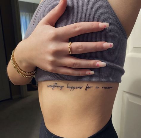 Rib Saying Tattoos For Women, Rib Cursive Tattoo, Discreet Tattoos For Women Ribs, Quote Tattoos Ribs, Chest Quote Tattoo Female, Writing On Ribs Tattoo, Tattoos That Can Be Hidden, Tattoos Under The Breast, Rib Tattoo Writing