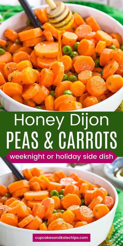 Honey Dijon Peas and Carrots give your basic glazed veggies a little sweet and tangy twist. This easy side dish recipe is ready in about 15 minutes, so perfect for a busy weeknight dinner. But the amazing flavor makes them worthy of adding to your holiday menu for Thanksgiving, Christmas, or Easter! Corn Peas Carrots Recipe, Roasted Peas And Carrots, Peas Carrots Corn Recipe, Crockpot Peas And Carrots, Canned Carrot Recipes Side Dishes, Peas Thanksgiving Side Dish, Canned Peas And Carrots Recipe, Carrots And Peas Side Dishes, Pea And Carrot Recipes