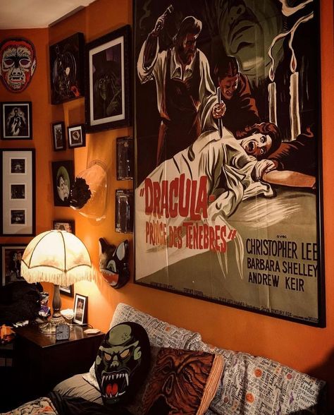 Movie Gallery Wall, Horror Room Ideas, Horror Bedroom, Moody Maximalism, Horror Home Decor, Horror Room, Dark Vibes, Halloween Room, Bat Cave