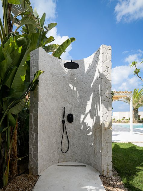 Mediterranean House on Behance Mediterranean Pool, House Mediterranean, Mediterranean House, Pool Shower, Garden Shower, Outdoor Bath, Dream Beach Houses, Outdoor Bathrooms, Mediterranean Homes