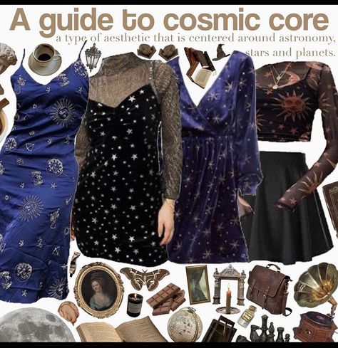 Celestial Clothes Aesthetic, Celestialcore Fashion, Jacquelinecore Aesthetic, Planetarium Outfit Ideas, Spacecore Dress, Cosmicore Outfits, Cosmic Witch Aesthetic Outfit, Moon Goth Outfits, Goth Causal Outfits