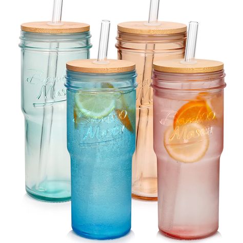 PRICES MAY VARY. TRENDY COLORED MASON JARS - Look cool with these colorful glasses drinkware as it is designed keeping aesthetics in mind and functional design. The colors of glassware are cute, just putting them in the kitchen will make the mood even happier! COMPLETE SET OF ACCESSORIES - This 24OZ mason jar set comes with a complete set of accessories including 4 colored mason jars, 4 matching bamboo lids, 4 glass straws, and a straw brush. FIT IN CAR CUP HOLDER - Great for on-the-go and perfe Colorful Drinking Glasses, Colored Drinking Glasses, Cups With Lids And Straws, Mason Jar Cups, Colored Mason Jars, Drinking Jars, Cups With Lids, Wide Mouth Mason Jars, Smoothie Cup