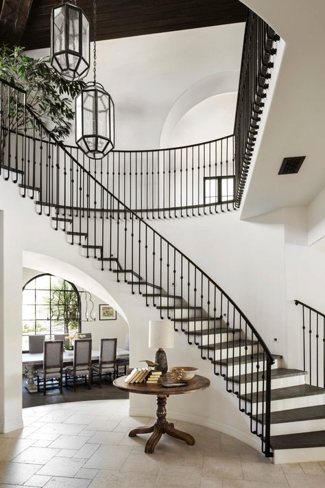 Traditional Railing, Modern Spanish Farmhouse, Spanish Revival Interior, Modern Spanish Revival, Home Exterior Ideas, Modern Spanish Home, Spanish Interior Design, Modern Spanish Style, Architecture Homes