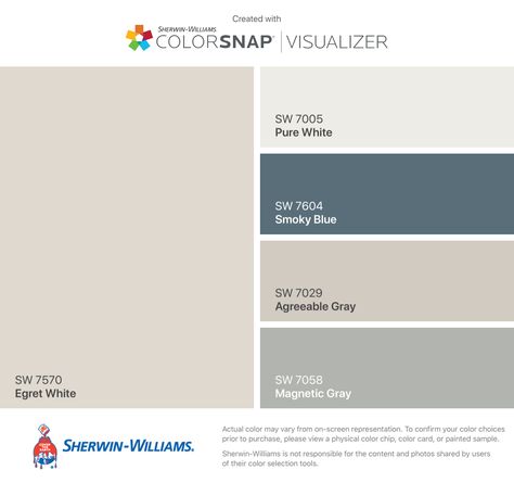 Interior Paint: Walls/Ceiling- SW7570 Egret White, Trim- SW7005 Pure White, Foyer/Great Room Niche- SW7604 Smoky Blue, Master Suite/Bed 2/Bed 3- SW7029 Agreeable Gray, Den- SW7058 Magnetic Gray Sw Pure White Palette, Sherwin Williams Pure White Palette, Greek Villa Sherwin Williams Palette, Sherwin Williams Greek Villa Palette, Sea Salt And Naval Sherwin Williams, Sherwin Williams Greek Villa Cabinets, Sea Mariner Sherwin Williams, Sw Naval Paint Color Palettes, Sw Reserved White