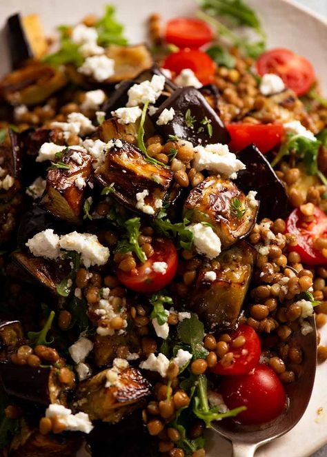 Close up of Roasted Eggplant Lentil Salad Eggplant Lentil Salad, Aubergine And Lentil Recipe, Recipe Tin Salads, Aubergine And Feta Recipe, Lentil And Eggplant Recipes, Roasted Vegetable Lentil Salad, Crispy Lentils With Walnuts And Zaatar, Vegetable Based Lunches, Eggplant Tomato Salad