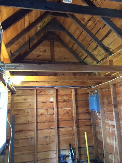 bunkhouse shed - original tool shed interior during construction - Atticmag Bunkhouse Ideas Guest Cabin, Maine Lake House, Bunkhouse Ideas, Bunkie Ideas, Bunk Room Ideas, Shed With Loft, Guest Quarters, Lake Camp, Cabin Renovation