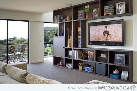 15 Ideas for TV Built-in Media Wall in Modern Living Rooms | Home Design Lover Tv In Bookcase, Tv Bookshelf, Tv Entertainment Wall, Tv Bookcase, Contemporary Family Room, Sofa Santai, Corner Cabinets, Tv Built In, Entertainment Center Design