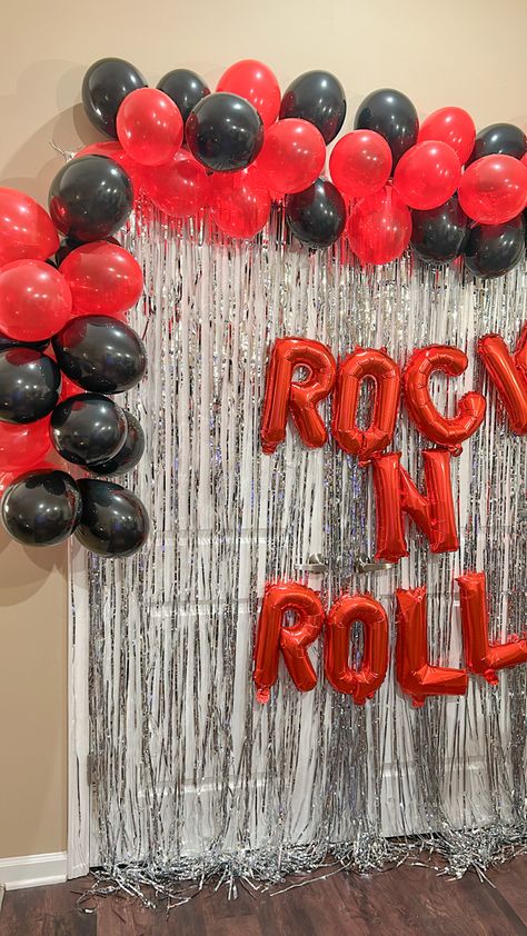 80s Rock Themed Party, Rock And Roll Party Decorations Ideas, Rock Theme Party Decoration, Rock Party Aesthetic, Punk Rock Party Theme, Rock And Roll Bachelorette Party Theme, Rock N Roll Party Ideas Decor, Pop Punk Party, Rock And Roll Photo Booth