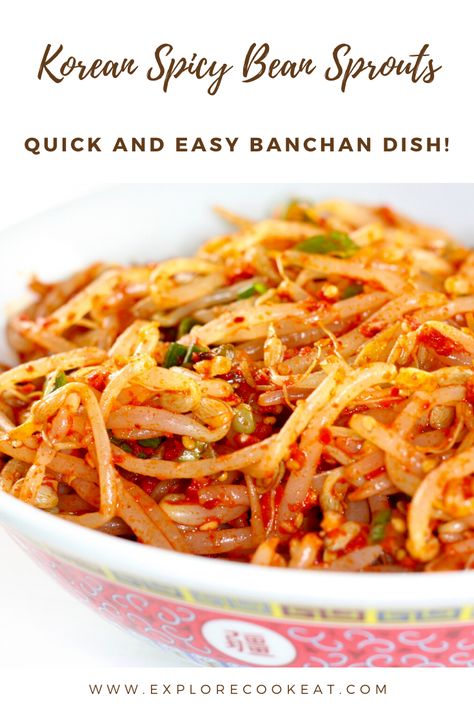 Korean Spicy Bean Sprouts is a super delicious Korean banchan! Easy to make it is the perfect accompaniment to rice or any Korean main dish! #beansprouts #banchan #koreansidedish #koreanfood #spicybeansprouts Kimchi Bean Sprout, Korean Banchan Bean Sprouts, Bean Sprout Kimchi, Korean Okra Recipe, Korean Mung Bean Sprouts, Bean Sprout Banchan, Meals With Bean Sprouts, Korean Sprouts Recipe, Asian Bean Sprouts Recipes