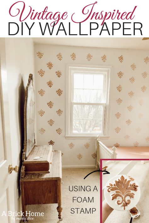 WOAH! This DIY Wallpaper hack is so easy, budget-friendly and beautiful! #diywallpaper Stamping Walls Diy, Wall Stamps Painting, Diy Stamp Wallpaper, Stamped Wall Pattern, Faux Wallpaper Paint Diy, Hand Painted Wallpaper Diy, Wall Stamp Painting, Diy Wall Stamp, Faux Wallpaper Paint