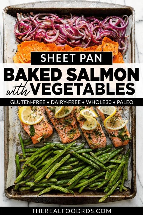 When you’re short on time and dinner ideas, this Sheet Pan Baked Salmon with Vegetables is fast, balanced, and delicious! Made with omega-packed salmon, sweet potatoes, and fresh veggies, this salmon sheet pan dinner comes together in under an hour. Yoli Recipes, Salmon Sheet Pan Dinner, Salmon With Vegetables, Salmon Green Beans, Sweet Potato Green Beans, Sheet Pan Salmon, Potato Rounds, Lighter Recipes, Pan Salmon