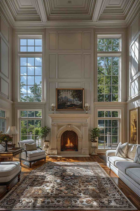 40 Fireplaces With Windows on Each Side for a Bright and Elegant Living Room Living Room With Windows And Fireplace, Two Couches In Front Of Fireplace, Fireplace With Doors On Both Sides, Floor Windows Living Room, Two Story Living Room Design Inspiration, Fireplace Wall With Windows, Big Fireplace Living Room, Windows On Either Side Of Fireplace, Living Room With Lots Of Windows