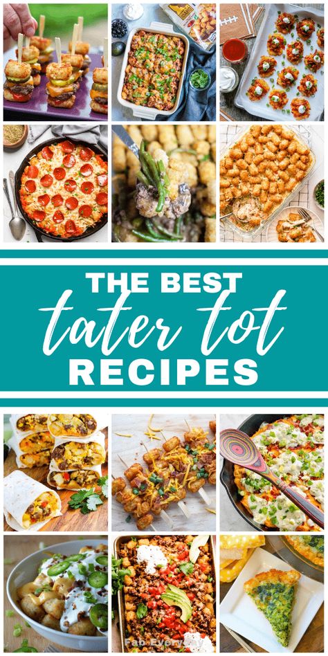 A collection of the best recipes with tater tots - and not just tater tot casserole recipes (though we do have lots of good ones on the list). You'll want to pin this one to come back to again and again, as I'm sharing tater tot breakfast recipes, totchos and other loaded tots recipes, tater tot appetizers, tater tot casseroles and tater tot hotdish recipes, homemade tater tot recipe ideas, and more. Click or visit FabEveryday.com if you're looking for recipes using tater tots. Tater Tot Toppings, What To Make With Tater Tots, How To Make Homemade Tater Tots, Tater Tots Appetizer, Tots Recipes, Tarot Tot Recipe, Tater Tot Dinner Ideas, Loaded Tater Tots Recipe Appetizers, Loaded Tots Recipes