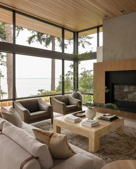 This Scandinavian-inspired lake house designed by McClellan Architects is set on Bellingham Bay, Washington State. Modern Rustic Living Room, Wooden Ceilings, Big Windows, Modern Cabin, Floor To Ceiling Windows, Guest Bedrooms, Elegant Homes, Beautiful Interiors, Large Windows