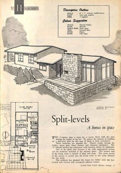 Book of 100 House Plans [No 5 of the 'Practical Planning' series] : Beryl Guertner : Free Download, Borrow, and Streaming : Internet Archive Vintage Mid Century House Plans, 1950 House Plans, 1970 House Plans, 70s Floor Plans, Midcentury Floor Plan, Florida Home Plans, Vintage House Floor Plans, Long House Floor Plans, 1970s House Plans