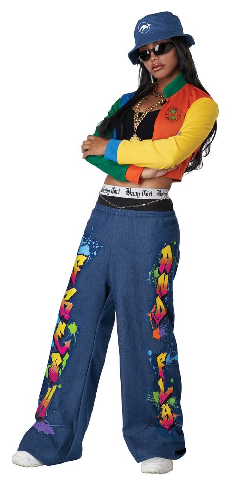 PRICES MAY VARY. Costume Includes: Jacket, Pants with Faux Boxers, Hat Adult: M (8-10) Chest 38" Waist 29" Hips 39" Height 68" Up to 140 Lbs Cropped jacket in four colors: orange, blue, yellow, green Pants have faux boxer waistline with text “fresh and fly” Baby Girl Costume, Rapper Costume, Hip Hop Mode, 90s Rappers, Style Bucket Hat, Style Année 90, Baby Costumes Girl, Baby Kostüm, California Costumes