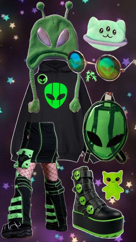 alien ufo inspired outfit pintrest collage outfit ideas Alien Antenna Diy, Alien Clothes Aesthetic, Cosmicore Outfits, Alien Themed Outfit, Ravecore Outfits, Alien Core Outfits, Alien Oc Ideas, Oc Outfits Ideas, Alien Outfit Aesthetic