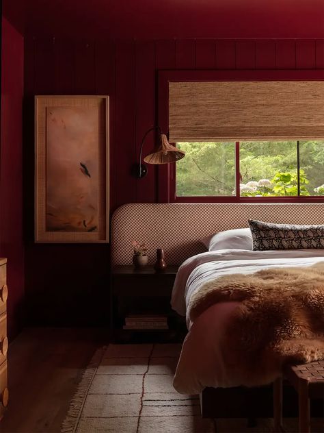 Snuggle up in this cozy cabin bedroom. See how a home renovation took this Arkansas property back to ‘70s with moody interior design and natural wood. Moody Bedroom, Lakeside Cottage, Wood Ceilings, Burke Decor, Bedroom Inspo, Wall Color, House Inspo, Arkansas, Bedroom Interior