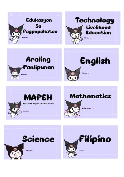 for elementary students! Subject Labels Elementary, Kurumi Subject Label, Kuromi Name Label, Subject Tags Printable, Notebook Labels Kuromi, Kurumi Name Tag Template, Sanrio Subject Labels, Design For Notebook Subject, Kuromi Subject Label