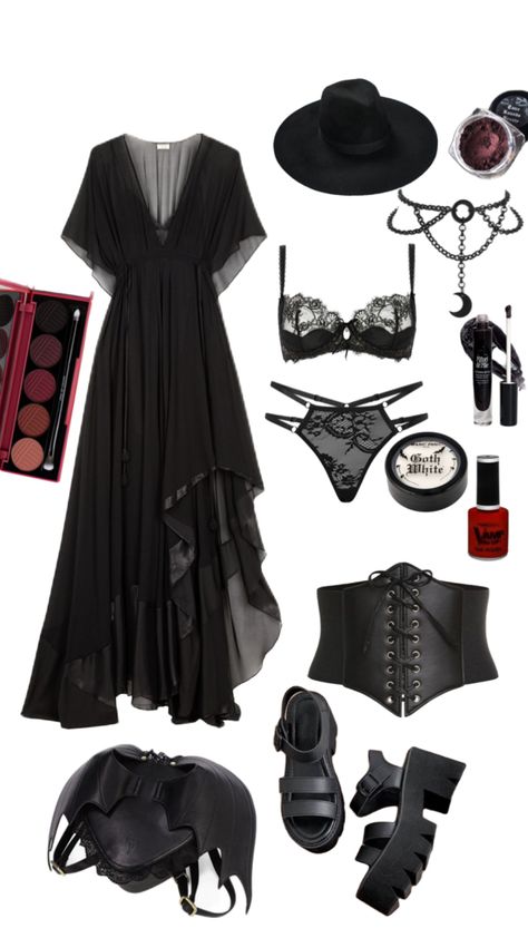 Cool total black look Outfit With Sandals, Summer Goth Outfits, Total Black Look, Gothic Summer, Black Look, Alt Outfits, Witchy Fashion, Witch Outfit, Total Black