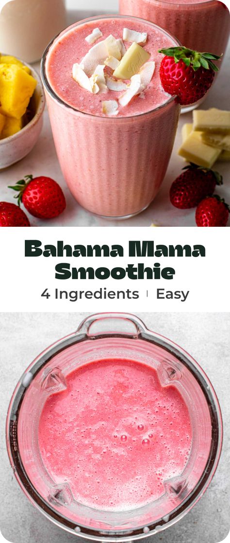 This Bahama Mama Smoothie is a copycat recipe from one of the most popular drinks at Tropical Smoothie Café. It's creamy, and refreshing, with hints of strawberries, coconut, and white chocolate. Just 5 ingredients and 1 blender needed! Bahama Mama Drink Tropical Smoothie, Booster Juice Recipes Copycat, Bahama Mama Smoothie, V8 Smoothie Recipe, Bloom Smoothie Recipes, Coconut Smoothie Recipes, Smoothies With Coconut Milk, Best Smoothie Recipes Healthy, Bahama Mama Smoothie Tropical Cafe