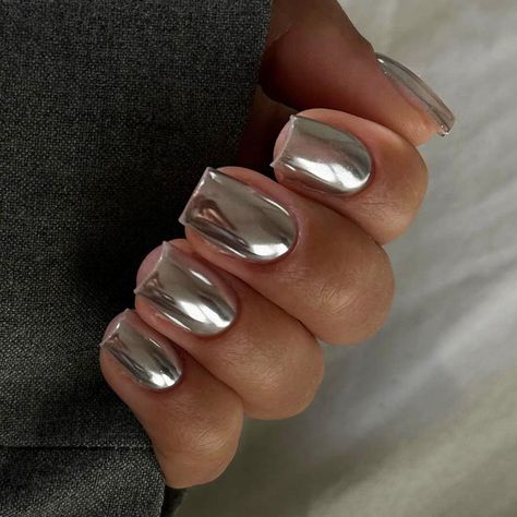 dark chrome nails, mob wife nails, mob wife nail trend, short chrome nails Chrome Nails Silver, Nails Medium Length Square, Nails Medium Length, Press On Nails Medium, Mirror Nails, Simple Acrylic Nails, Short Square Acrylic Nails, Glue Tape, Nails Medium