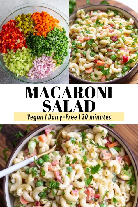 Easy Macaroni Salad- if you like a good pasta salad recipe then you'll love this vegan macaroni salad! Loaded with veggies and covered in a tasty sauce. #vegan #pastasalad #pasta Vegan Macorina Salad, Easy Pasta Salad Recipes Vegetarian, Vegan Creamy Pasta Salad, Macaroni Salad Vegetarian, Macaroni Recipes Vegetarian, Easy Cold Vegan Meals, Macaroni Salad Dairy Free, Dairy Free Pasta Salad Dressing, Best Vegan Pasta Salad