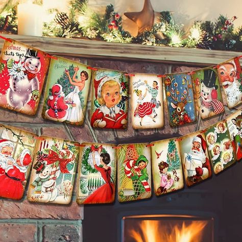 I cannot tell you how much I love anything that is vintage Christmas and this marks all my boxes! This would be so cute and timeless across the mantel of your fireplace or even on your wall with your other Christmas decor!! Victorian Style Christmas, Christmas Decorations Vintage, Vintage Christmas Party, Fireplace Garland, Vintage Style Christmas, Christmas Decorations Garland, Merry Christmas Banner, Christmas Bunting, Merry Christmas Vintage