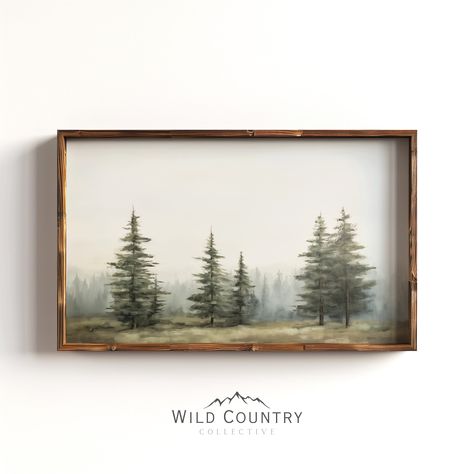 Bring home the timeless beauty of a vintage oil painting print showcasing muted evergreen pine trees in the forest. This pine forest painting offers a seamless blend of vintage charm and nature's simplicity.  "Muted Pines" vol.2 As a high-quality poster print it effortlessly brings the enduring allure of the wilderness into your home. Perfect for nature enthusiasts and vintage art connoisseurs, this captivating creation captures the essence of the serene woods, making it an ideal addition to you Framed Nature Wall Art, Pine Tree Landscape Painting, Woodsy Paintings, Appalachian Decor, Woodland Pictures, Pine Tree Pictures, Painting Pine Trees, Vintage Cabin Decor, Pine Tree Painting