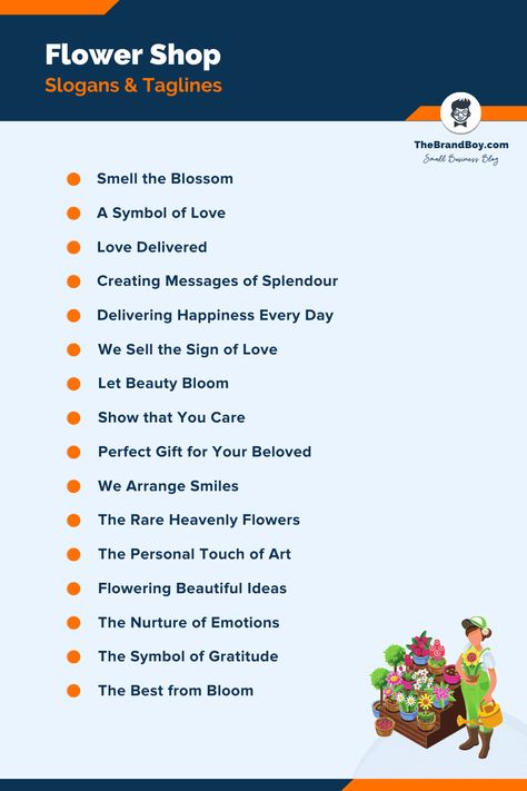 Flower Shop Slogans & Taglines Flower Bouquet Names, Florist Business Name Ideas, Gift Shop Names, Store Names Ideas, Flower Shop Interiors, Shop Name Ideas, Flower Shop Decor, Flower Shop Design, Online Flower Shop