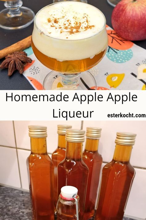 Insanely delicious and not too sweet apple liqueur recipe made with a handful of ingredients. #diy #giftsfromkitchen #christmas #howto #homemadeliquor #appleliqueur Infused Alcohol Recipes, Homemade Apple Juice, Homemade Liqueur Recipes, Making Apple Cider, Flavored Liquor, Apple Wine, Homemade Alcohol, Homemade Liquor, Brewing Recipes