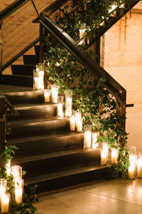 Fall Loft Wedding, Staircase Candles Wedding, Candle Entrance Wedding, Candle And Flower Wedding Decor, Fairlie Chicago Wedding, Fall Mansion Wedding Decor, Indoor Candlelight Wedding, Candles On Stairs Wedding, Chicago Wedding Aesthetic