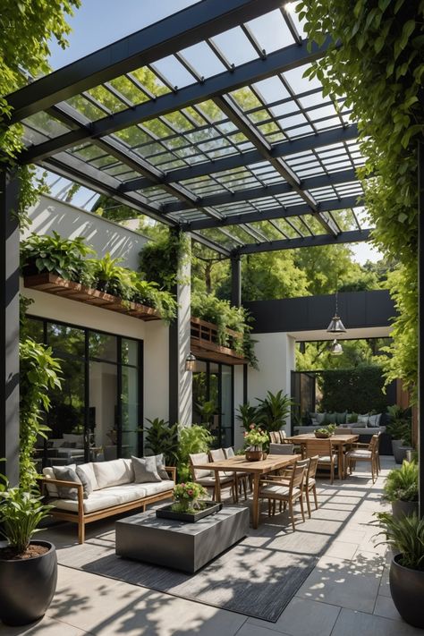 20 Pergola Shade Designs For Backyard – ToolzView Pergola With Polycarbonate Roof, Glass Roof Pergola, Pergola Roof Ideas, Baguio House, Verandas Ideas Outdoor, Contemporary Pergola, Polycarbonate Roof, Backyard Renovations, Modern Exterior House Designs