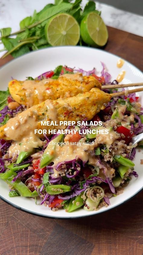 Satay Chicken Skewers, Satay Salad, Salad Base, Emily English, Satay Chicken, Garlic Puree, Salad Meal Prep, English Food, Chopped Salad