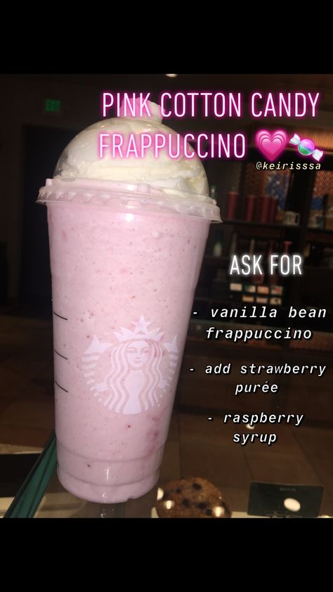 Sooo good🤤 Follow @keirisssa for more💗 Starbucks Cotten Candy Frap Recipe, Starbucks Recipes No Coffee, Valentines Starbucks Drinks, Best Starbucks Drinks To Order, Starbucks Secret Menu Drinks Frappuccino, Starbucks Drinks Orders, Non Coffee Starbucks Drinks, Kawa Starbucks, Starbucks Frappe