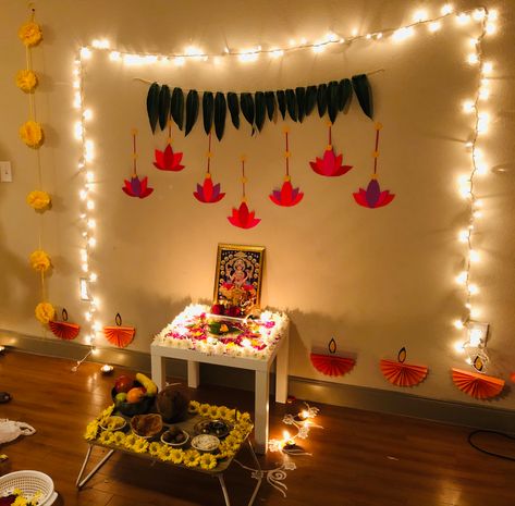 Diwali Decorations At Home Pooja, Laxmi Poojan Diwali Decoration Ideas, Pooja Wall Decoration, Diwali Pujan At Home, Diwali Backdrop Ideas For Photoshoot, Laxmi Poojan Diwali Decoration, Diwali Laxmi Pooja Decorations At Home, Laxmi Pujan Diwali Decoration, Lakshmi Pujan Decoration