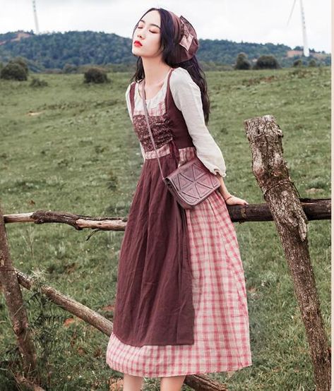 Free Shipping High Quality 2019 New Arrival Round Collar Long Sleeve Plaid Color Block Woman Long Cotton Dress Cottagecore Dresses, Cottagecore Clothes, Cottagecore Outfits, Cotton Long Dress, Cottagecore Fashion, Dress Cottagecore, Cottagecore Dress, Mori Girl, Moda Vintage