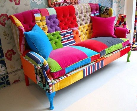 . Patchwork Furniture, Patchwork Sofa, Diy Sofa, Sofa Colors, Funky Furniture, Colorful Furniture, Reupholster, Furniture Makeover, Cool Furniture