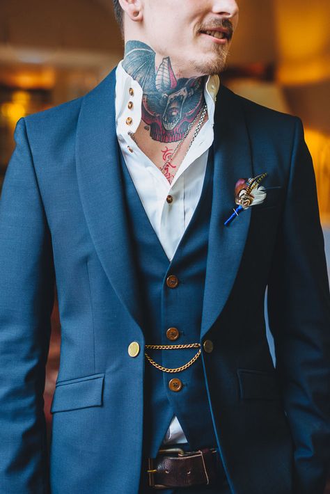 Rustic, Wintery and Super Freaking Cool Wedding Cool Suits For Men Wedding, Interesting Groom Attire, Wedding Suits Men Boho Style, Unique Wedding Outfits For Men, Vintage Wedding Mens Attire, Non Traditional Tuxedo Men, Non Traditional Wedding Tuxedos, Men’s Colored Wedding Suit, Viking Wedding Mens Suit