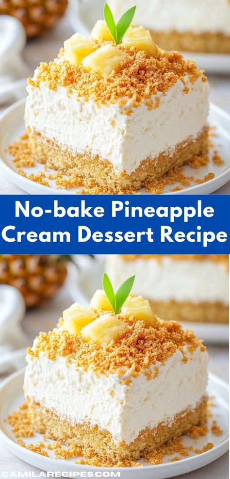 "Looking for a refreshing treat? This No-bake Pineapple Cream Dessert is a delightful blend of tropical flavors that requires minimal effort. It's a perfect, easy dessert recipe for family gatherings or summer picnics. Whipped Pineapple Dessert, Pineapple Whip Cream Dessert, Cold Pineapple Desserts, No Bake Pineapple Cream Dessert Recipe, Pineapple Cool Whip Pie, Light And Fluffy Dessert Recipes, Dessert Recipes Easy Quick No Bake, Light And Fluffy Desserts, Pineapple Delight Dessert No Bake