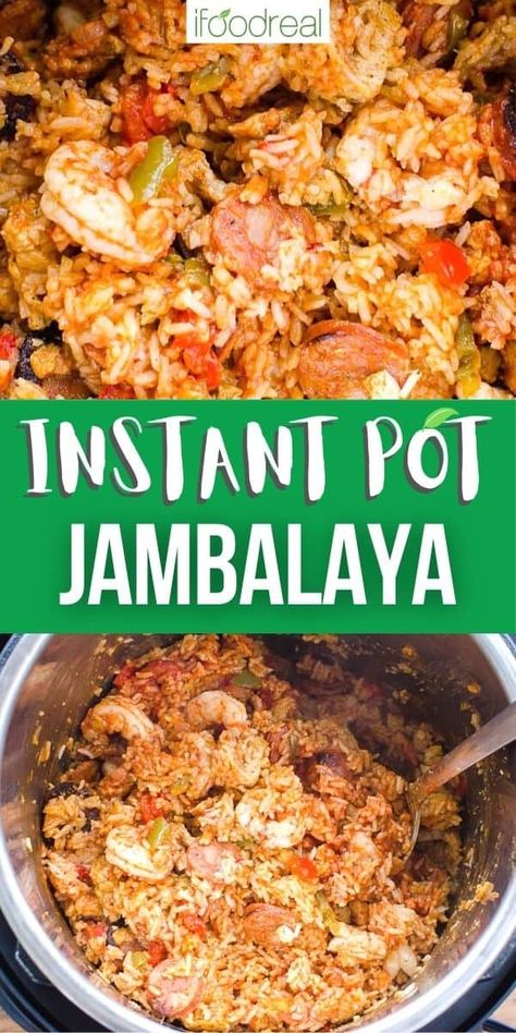 Instant Pot Jambalaya is delicious one pot meal with veggies sauteed in sausage drippings, tender chicken, rice, succulent shrimp and lots of Cajun spice, seasonings and flavor. Veggies Sauteed, Jumbolia Recipes, Jambalaya Recipe Instant Pot, Instant Pot Jambalaya, Homemade Jambalaya, Justin Wilson, Jambalaya Recipe Easy, Louisiana Dishes, Chicken And Sausage Jambalaya