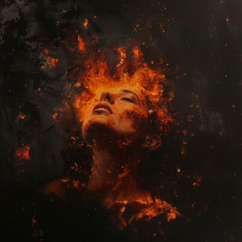 #art #aethestic #fire Fire In Hand Aesthetic, Woman On Fire Painting, Fire God Art, Fire Hair Art, Fire Goddess Art, Fire Art Drawing, Forest Fire Art, Fire Destruction, Rage Tattoo