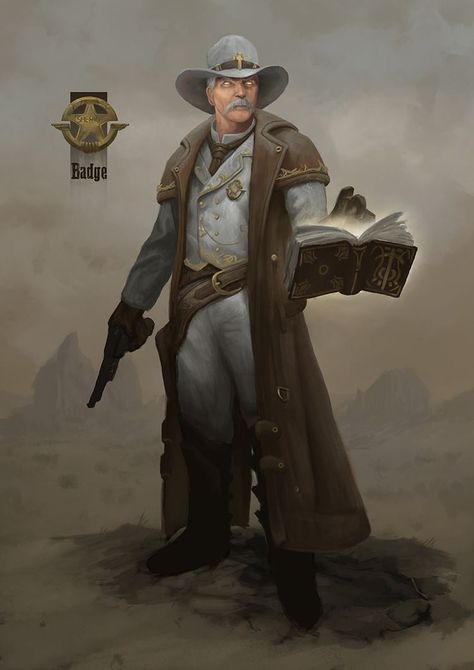 Western Sheriff Character Design, Wild West Gunslinger Art, Dnd Wild West Character Art, Wild West Priest, Evil West Concept Art, Weird West Character Design, Fantasy Western Art, Arcane Gunslinger, Western Fantasy Art