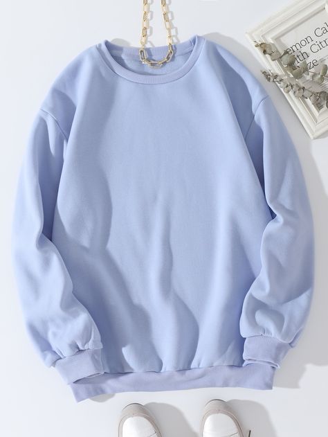 Solid Drop Shoulder Thermal Lined Sweatshirt | SHEIN USA Blue Lilac, Looks Street Style, Round Neck Sweaters, Formal Dresses For Women, Loose Tops, Brown Fashion, Casual Fits, Denim Women, Women Long Sleeve